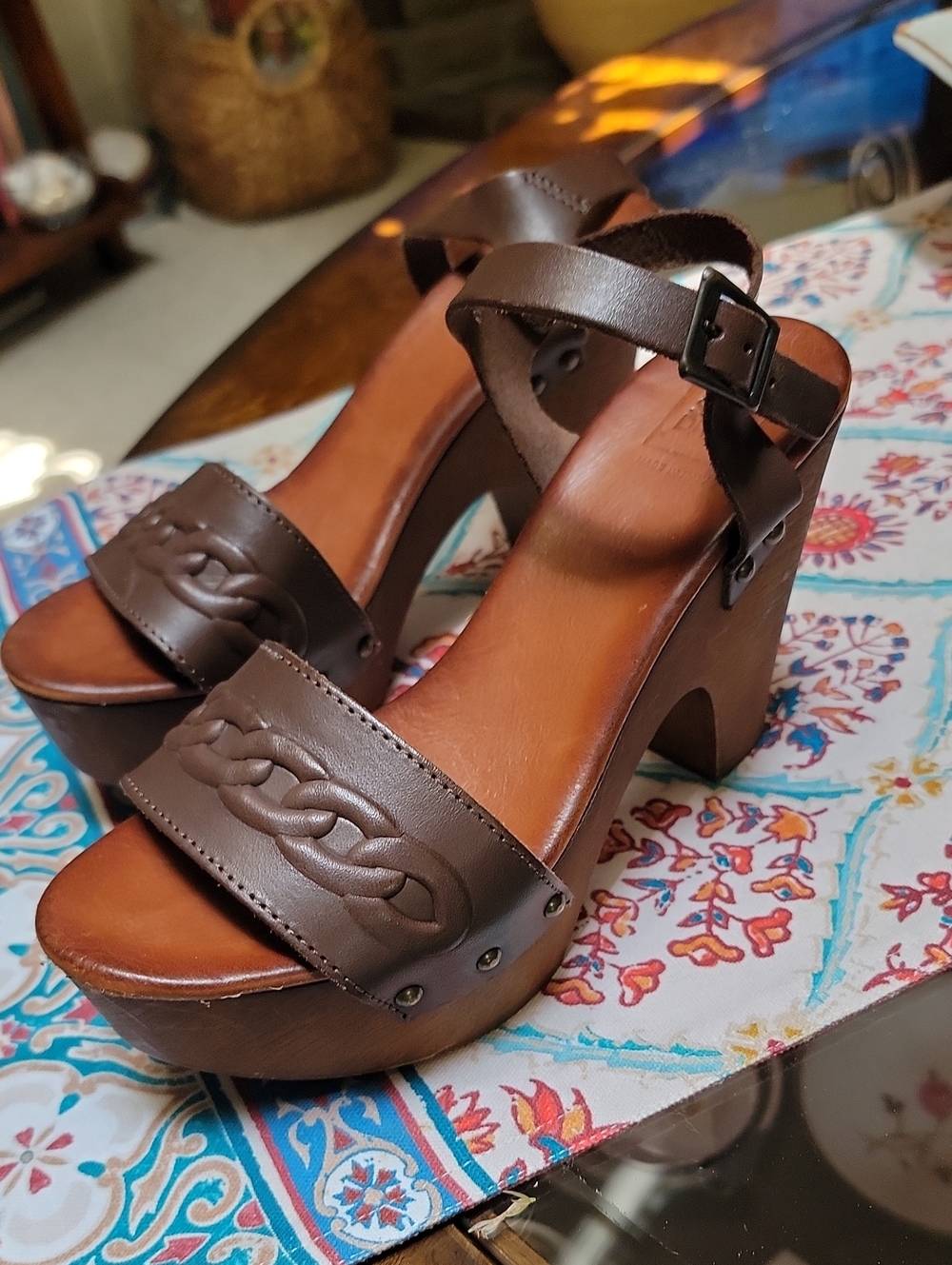 JD Williams & Co. Brown Leather Platform Sandals, Braided Detail Made In Italy
